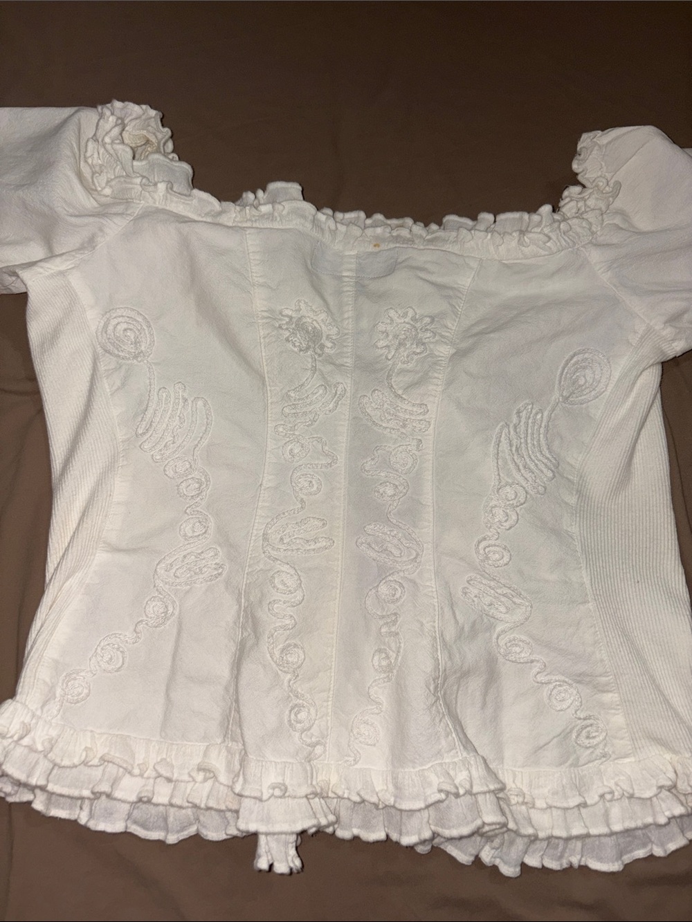 White Off-Shoulder Embroidered Ruffle Peasant Blouse - Picture 7 of 9